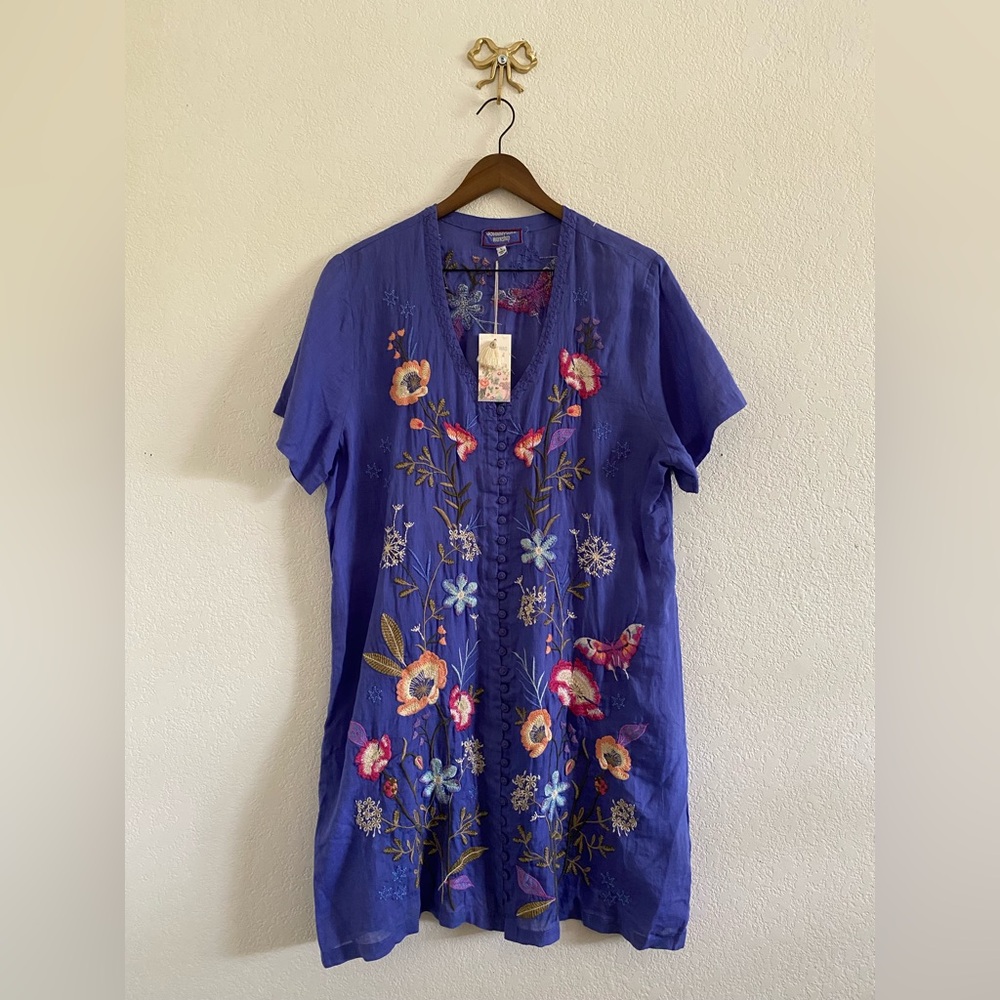 Johnny Was Workshop Blue Iris Nila Easy Breezy Linen Tunic Dress Large NWT